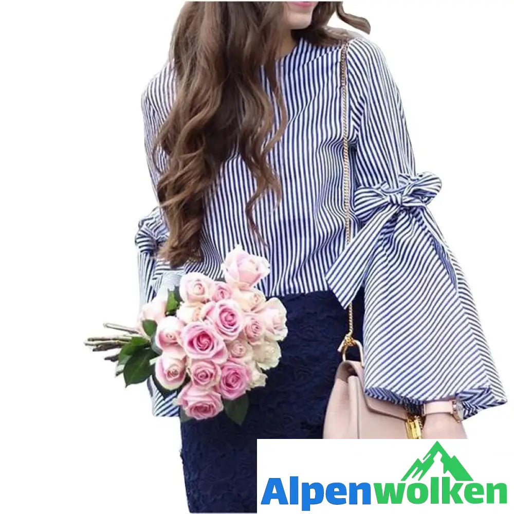 Alpenwolken - Damen Streifen Bowknot Flare Sleeve