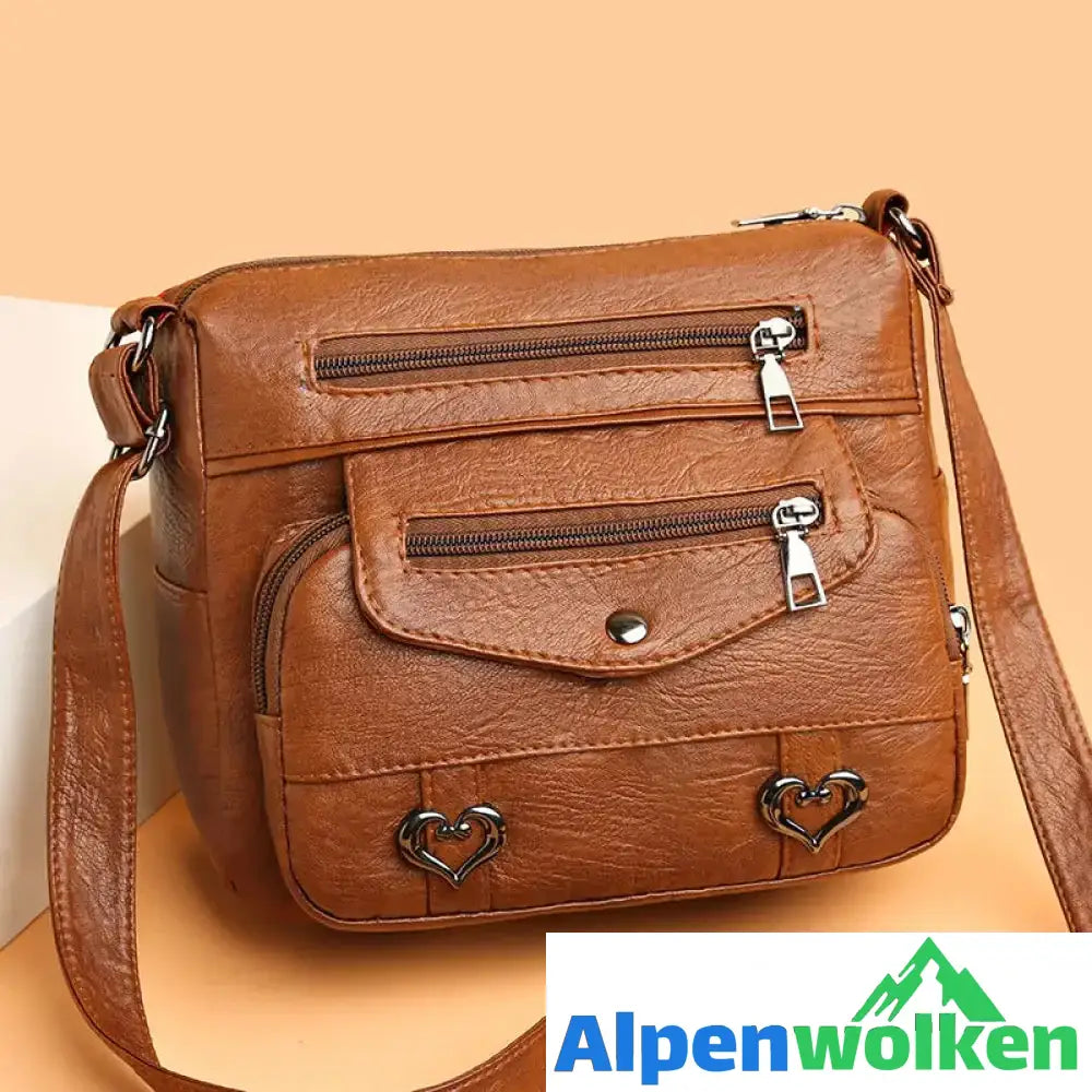 Alpenwolken - Damen-Umhängetasche aus weichem Leder mit mehreren Taschen braun