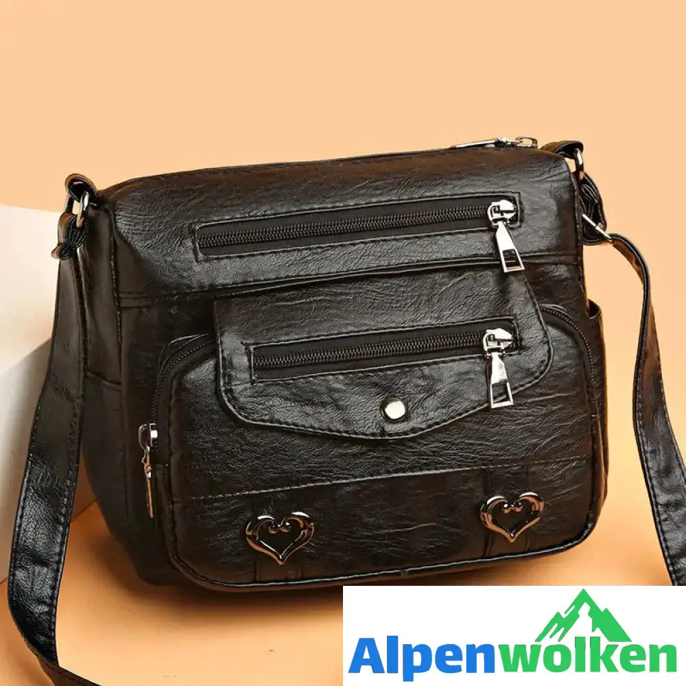 Alpenwolken - Damen-Umhängetasche aus weichem Leder mit mehreren Taschen schwarz