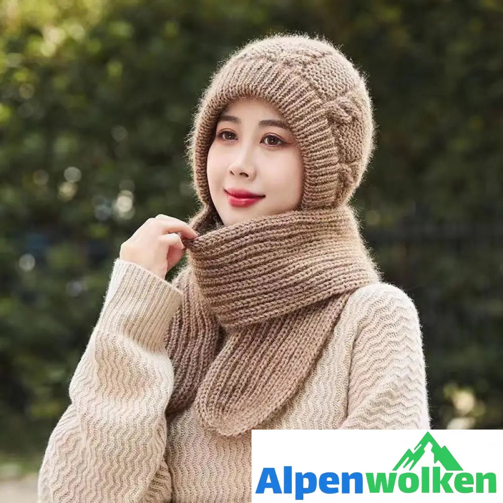 Alpenwolken - Damen Verdickter Warmer Einteiliger Hutschal Khaki