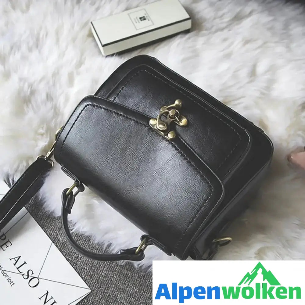 Alpenwolken - Damen Vintage Einzigartige Ledertasche mit Schnalle Schwarz