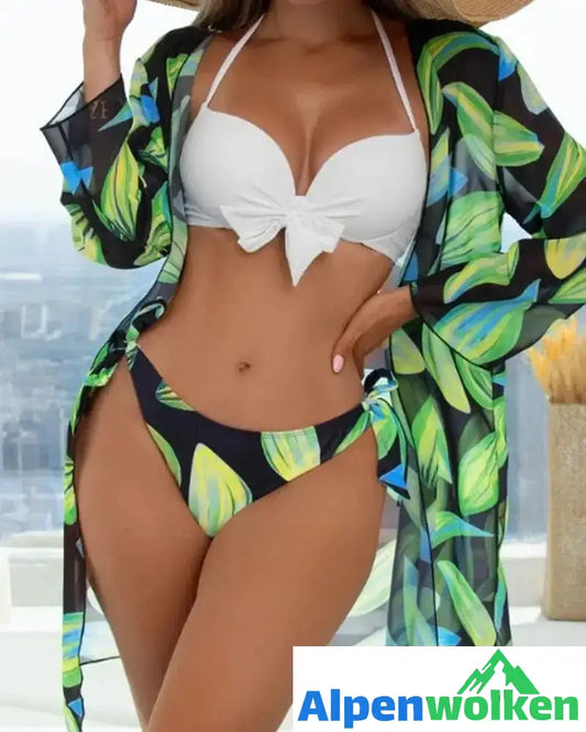 Alpenwolken - Dreiteiliges Bikini-Mesh-Blusen-Set mit Aufdruck Schwarz