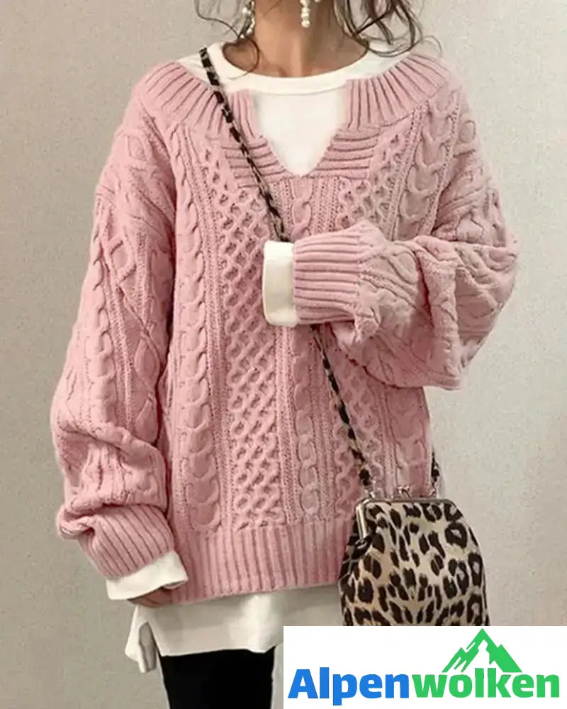 Alpenwolken - Einfarbiger Pullover mit Zopfmuster Rosa