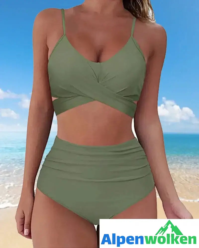 Alpenwolken - Einfarbiges Bikini-Set mit hoher Taille Armee grün