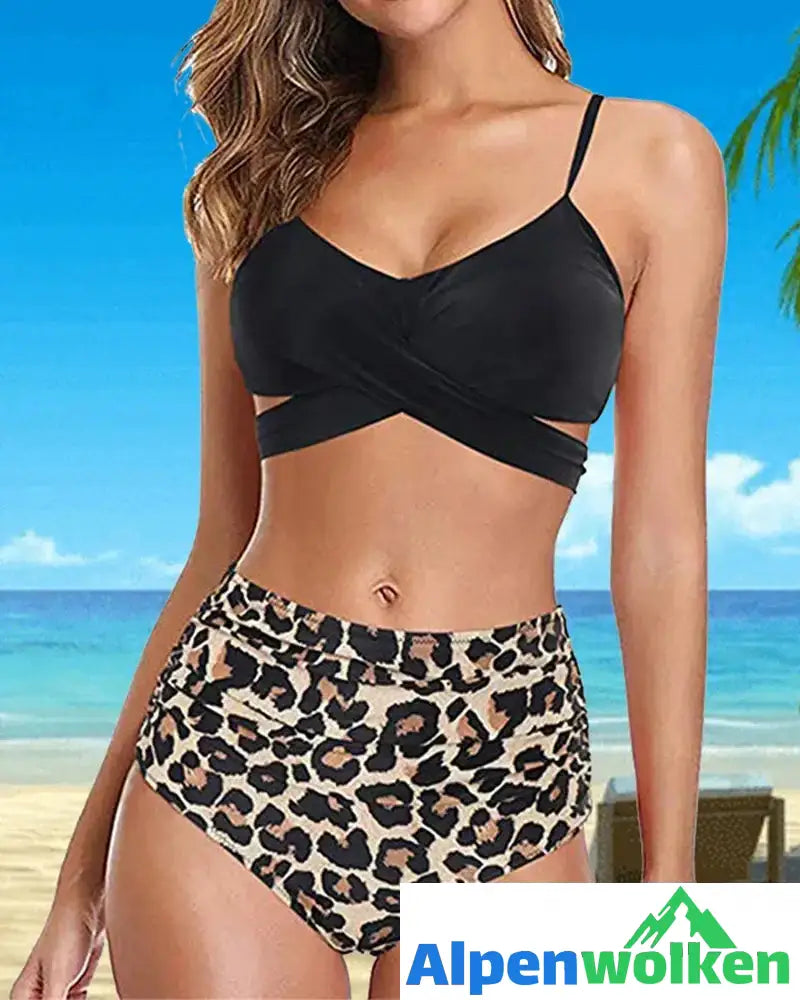 Alpenwolken - Einfarbiges Bikini-Set mit hoher Taille Leopard