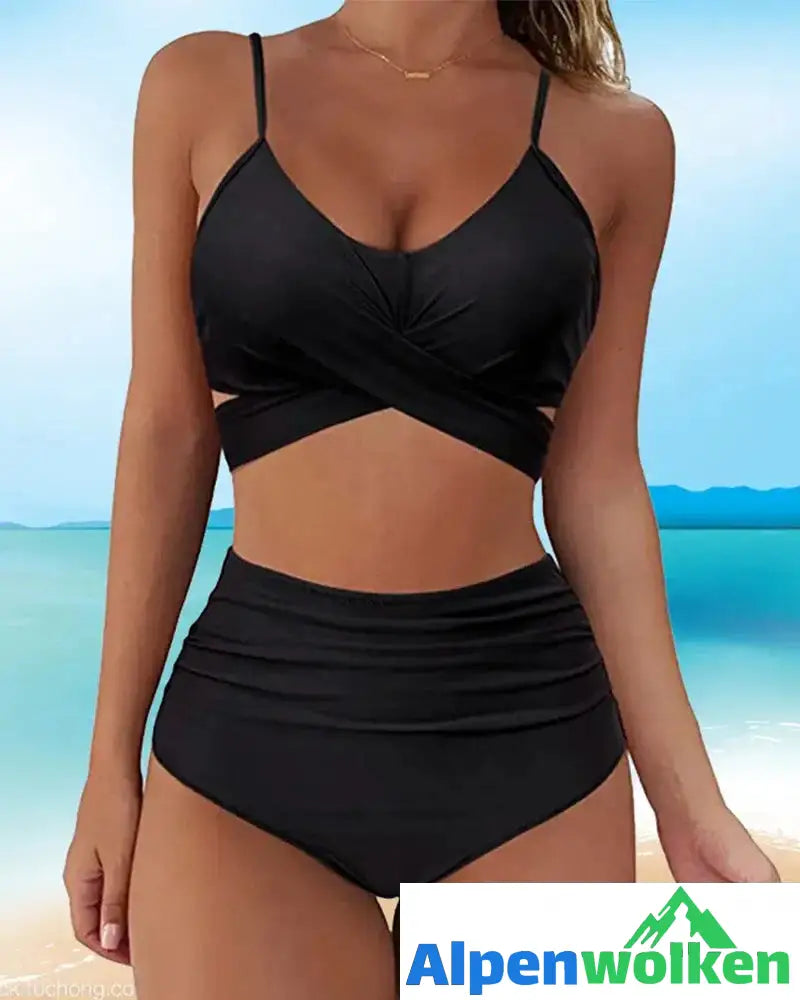 Alpenwolken - Einfarbiges Bikini-Set mit hoher Taille Schwarz