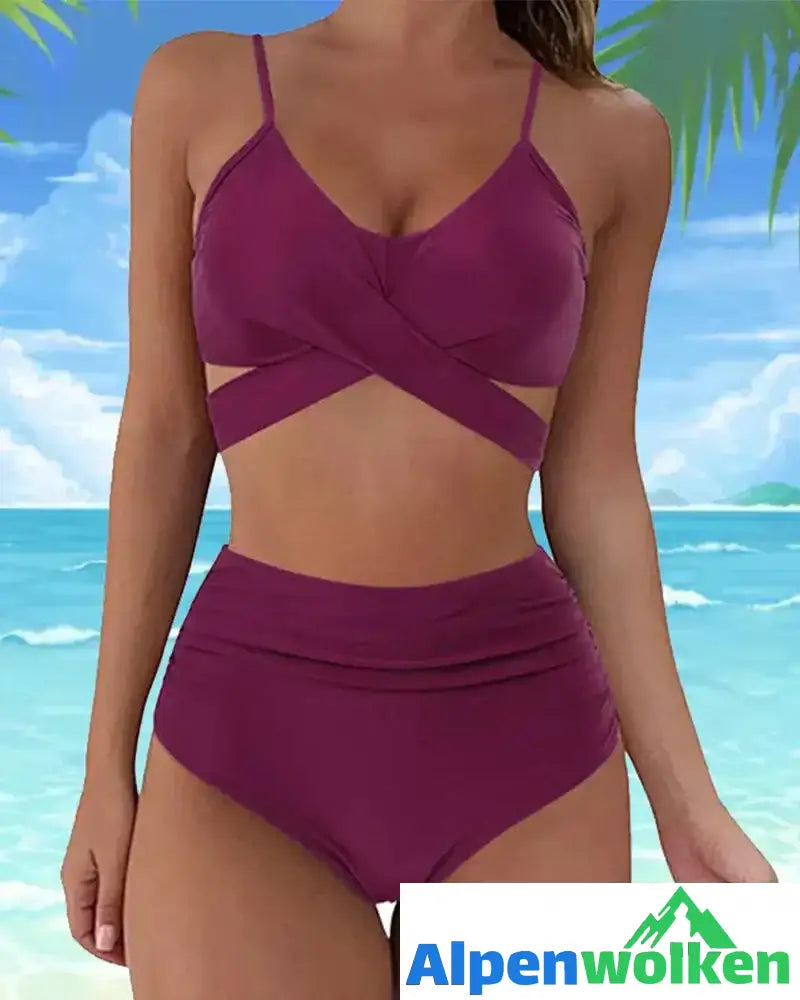 Alpenwolken - Einfarbiges Bikini-Set mit hoher Taille Weinrot