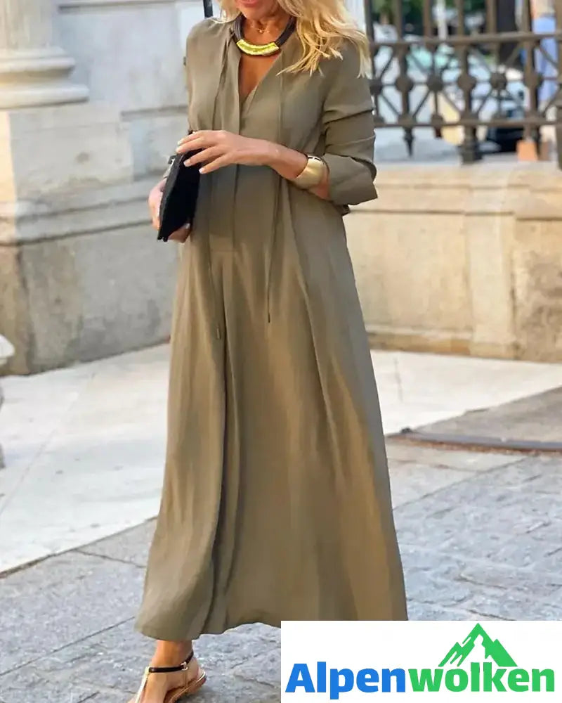 Alpenwolken - Einfarbiges, einfaches kleid mit langen ärmeln Khaki