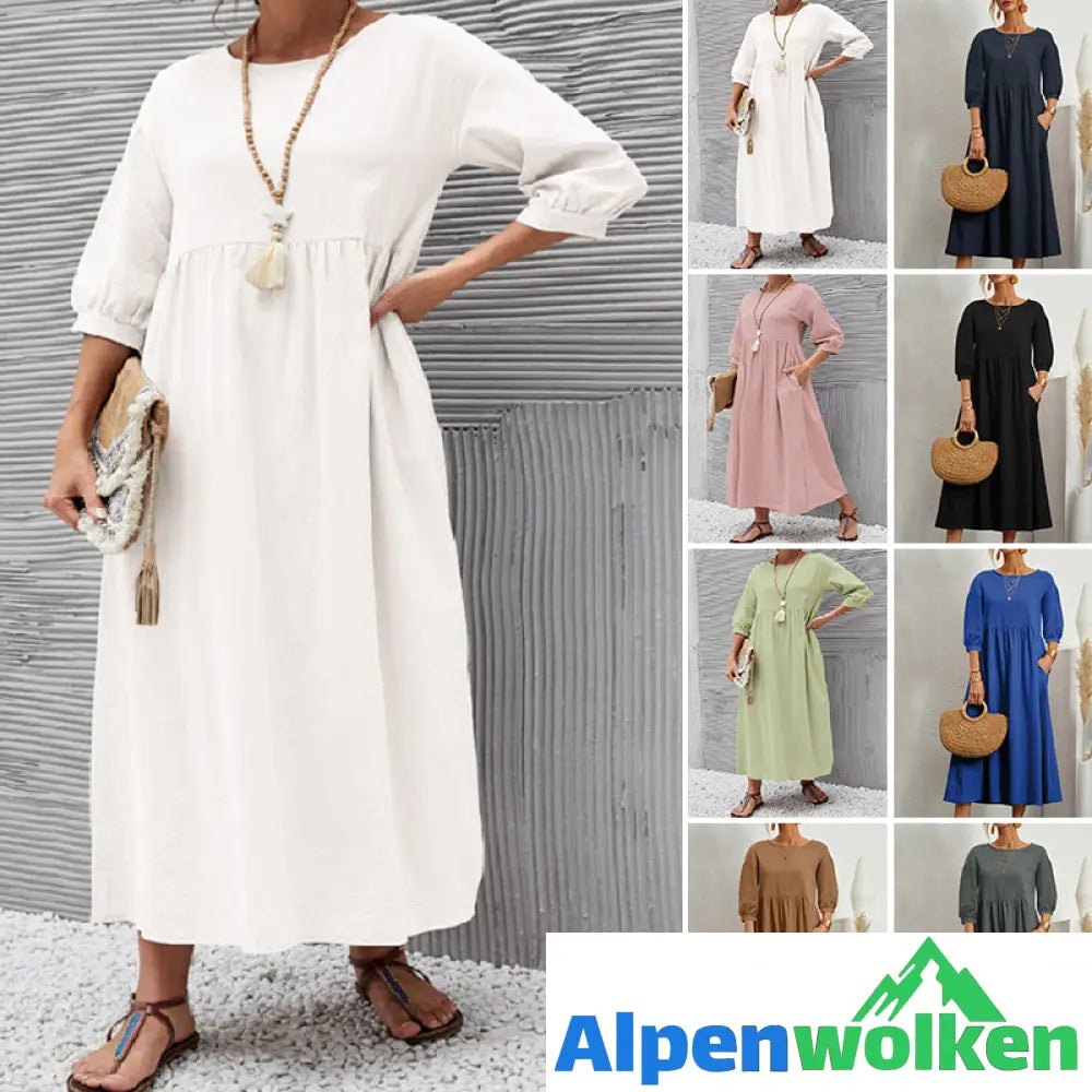 Alpenwolken - ✨🌸Einfarbiges Modisches Lockeres Kleid mit Laternenärmeln🌸✨