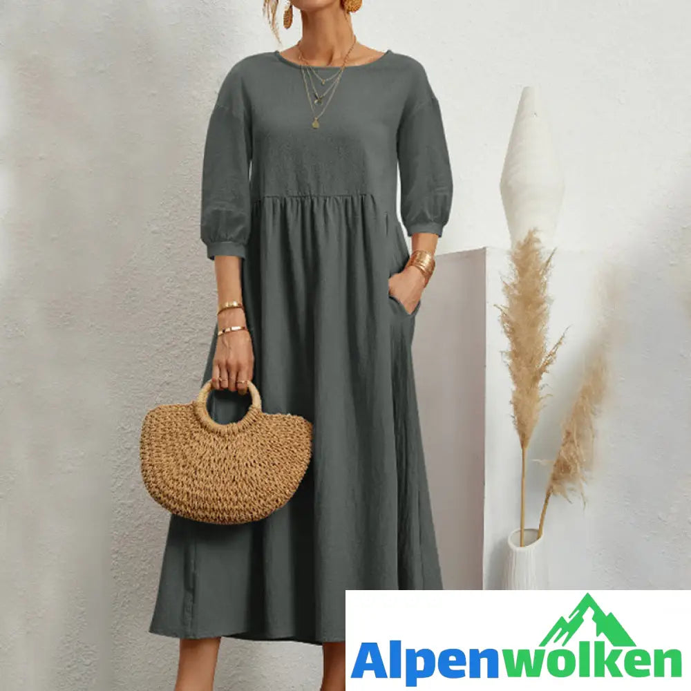 Alpenwolken - ✨🌸Einfarbiges Modisches Lockeres Kleid mit Laternenärmeln🌸✨