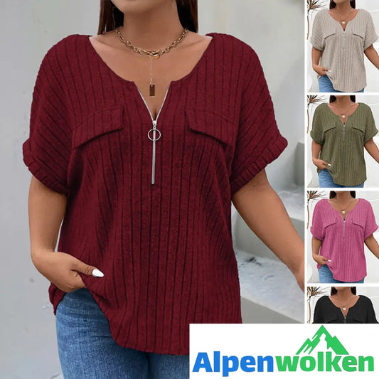 Alpenwolken - Einfarbiges Pullover-T-Shirt mit Reißverschluss