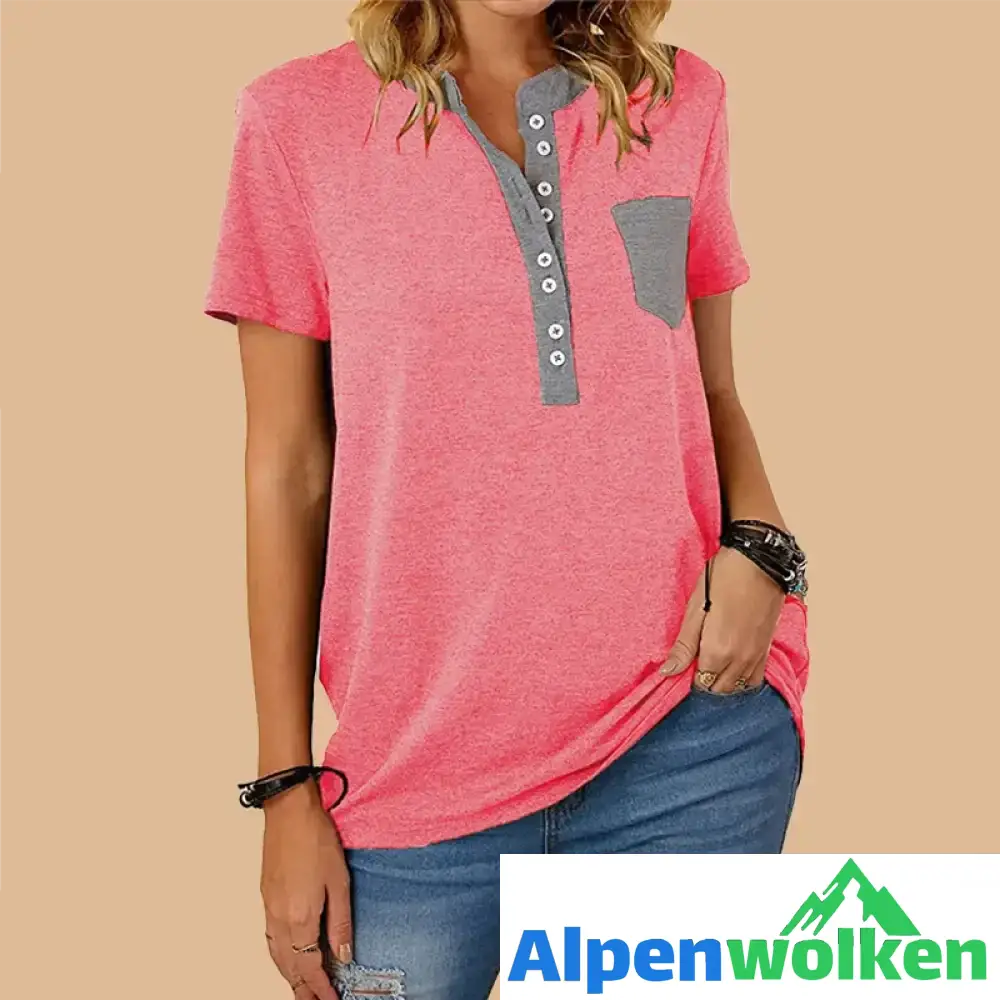 Alpenwolken - Einreihiges Freizeit-T-Shirt rote Rose