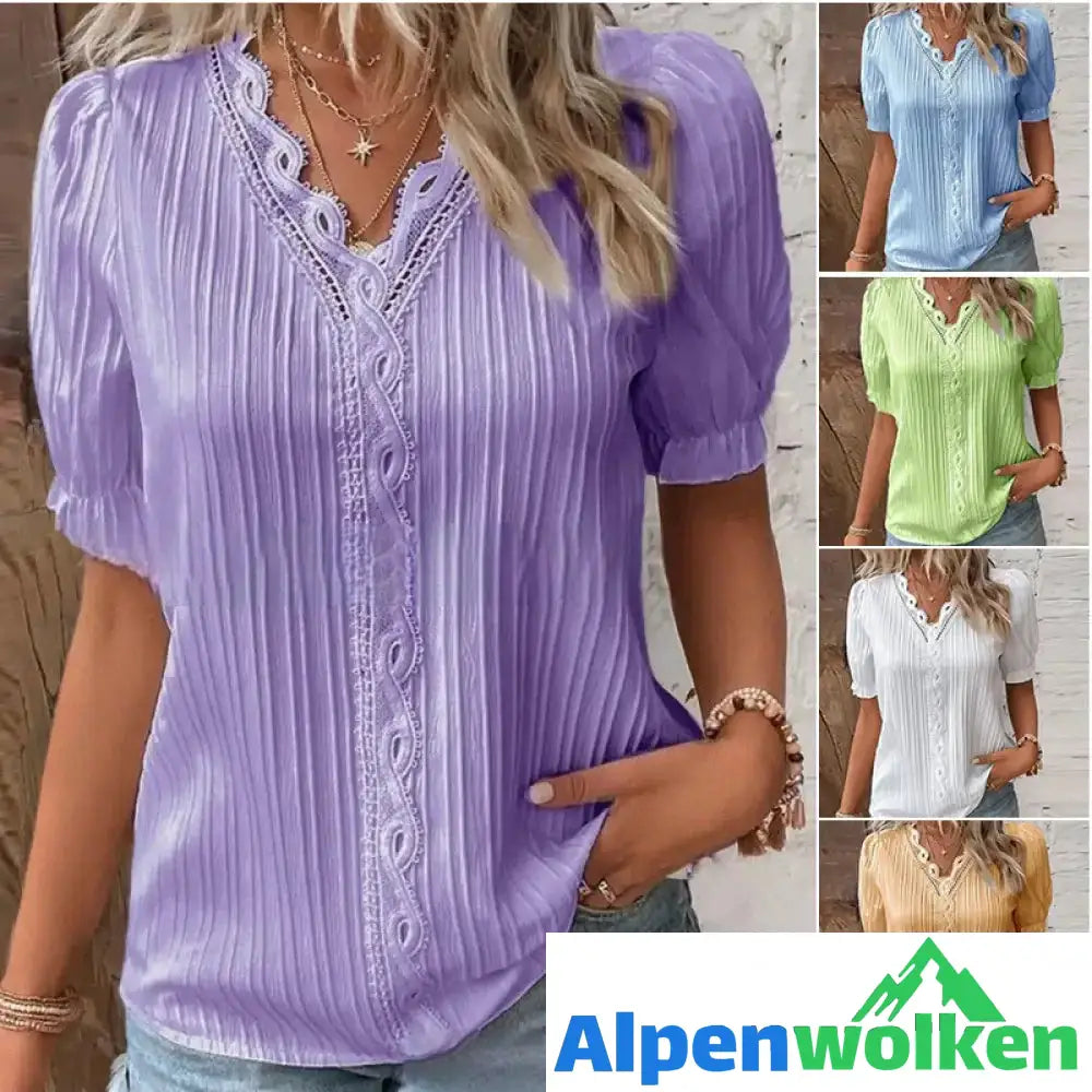 Alpenwolken - Elegante Bluse mit V-Ausschnitt und schlichter Spitze