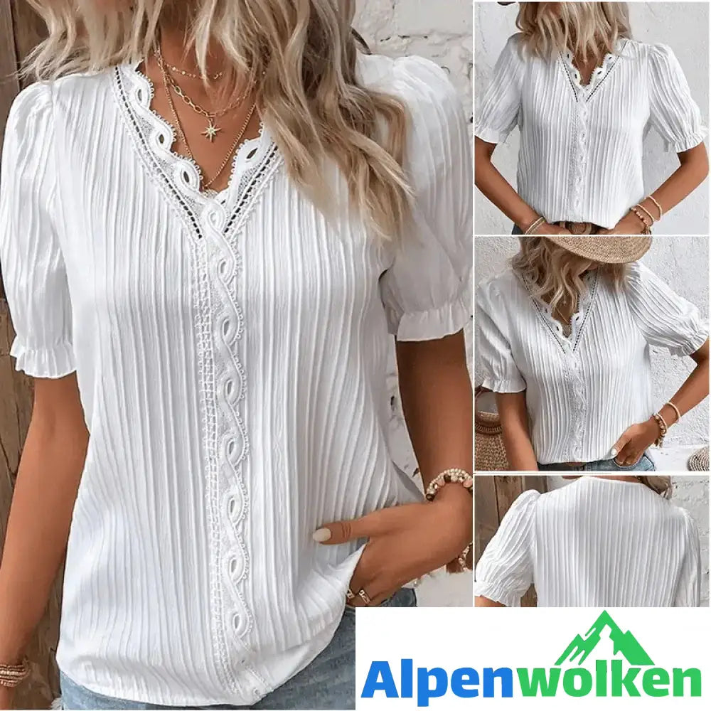 Alpenwolken - Elegante Bluse mit V-Ausschnitt und schlichter Spitze