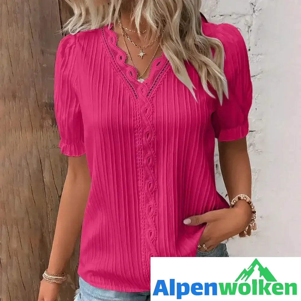 Alpenwolken - Elegante Bluse mit V-Ausschnitt und schlichter Spitze rosarot