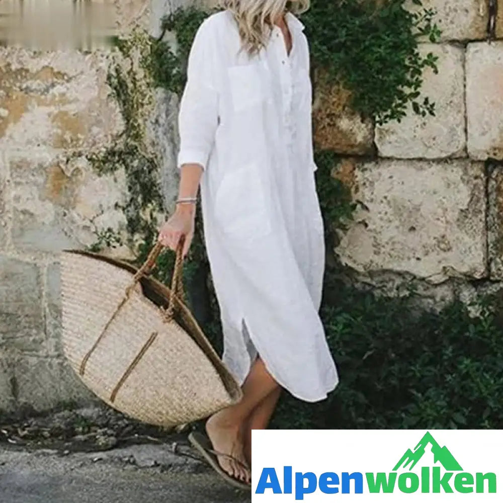 Alpenwolken - 💐Elegantes einfarbiges Hemdblusenkleid mit Schlitz💐