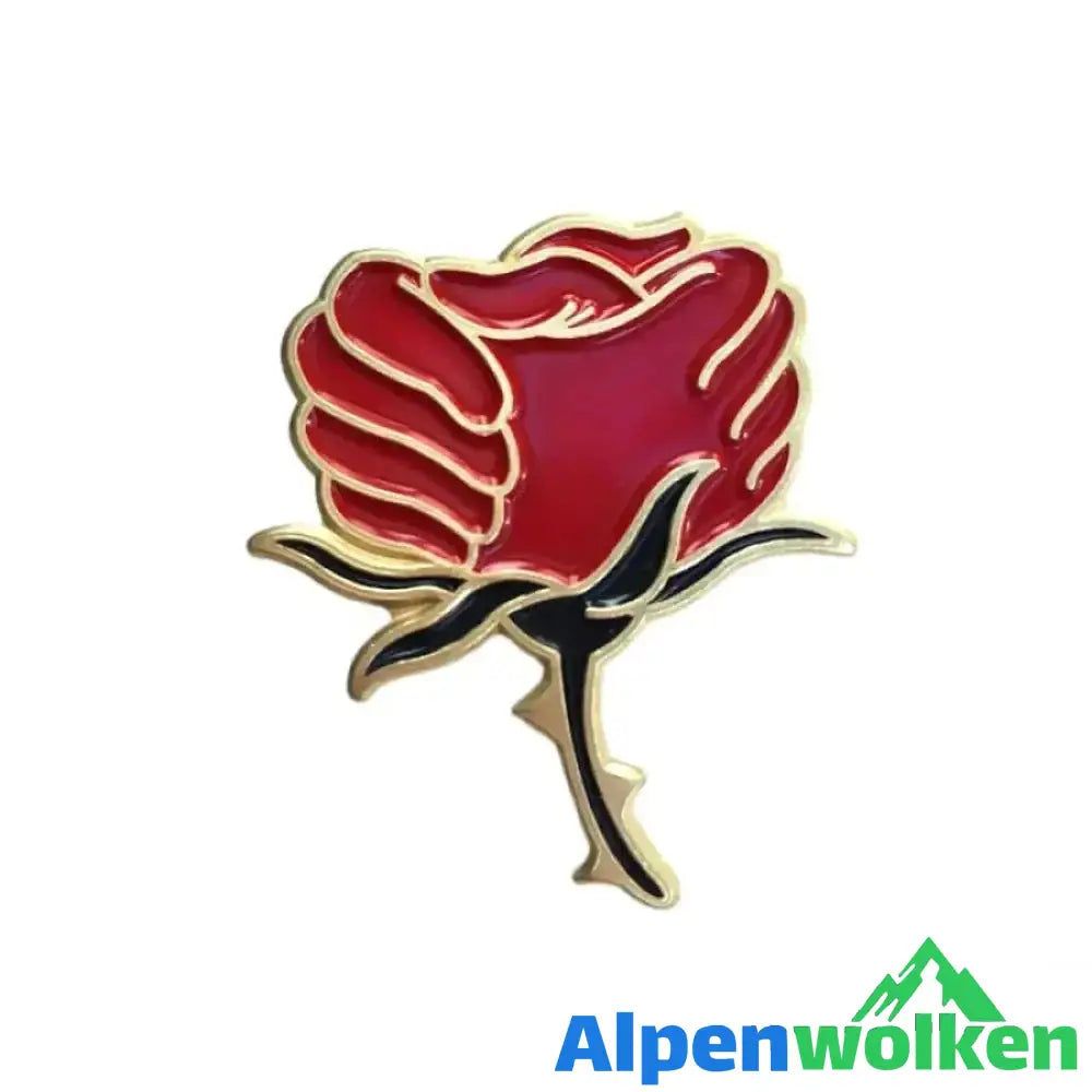 Alpenwolken - Emaille- und Kristallbrosche mit roter Rose