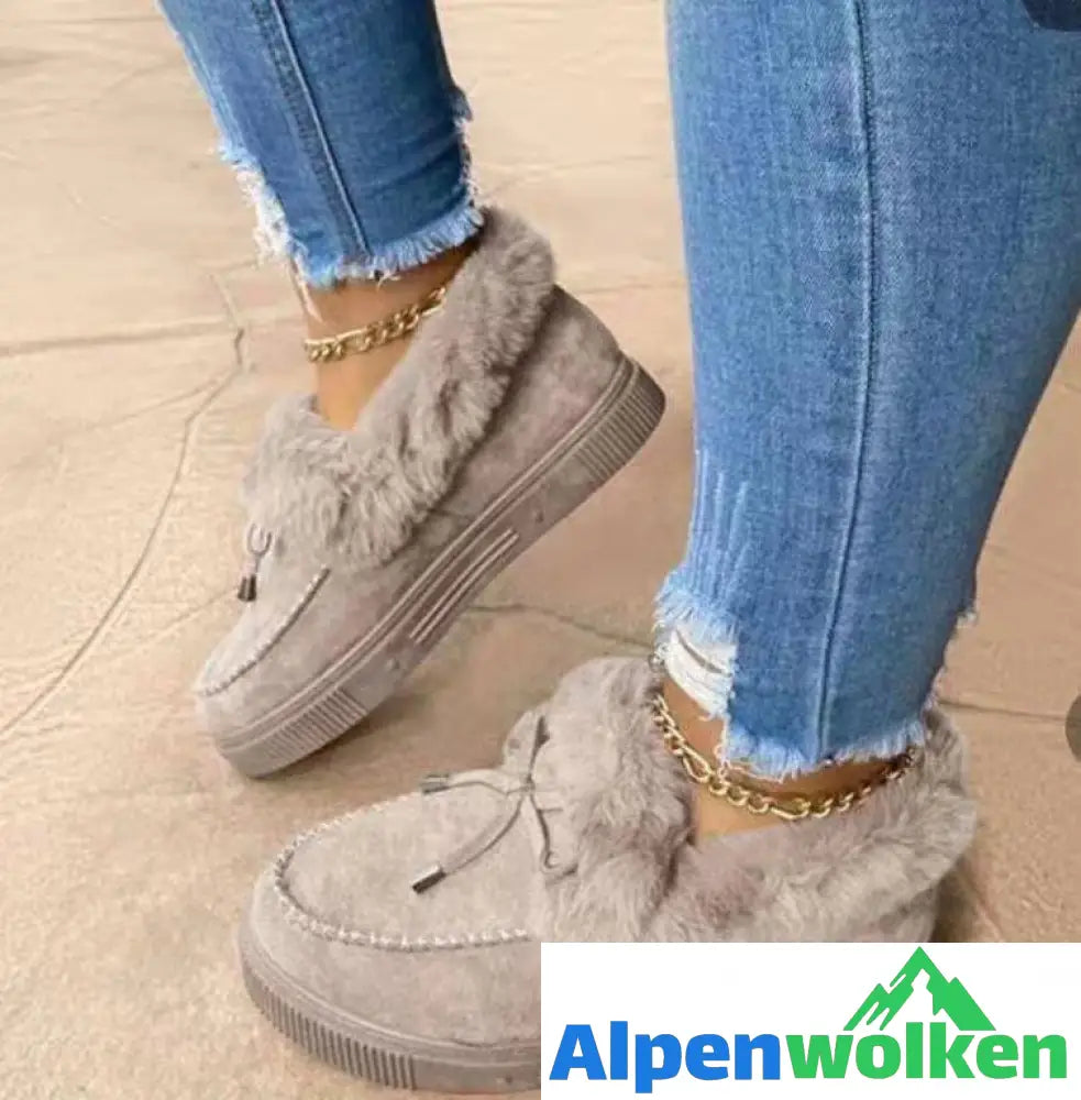 Alpenwolken - Flauschiges Fell Flach Freizeitschuhe LoafersPlush Warm Casual Schneestiefel Winterstiefel Flach Bowknot Plain grau