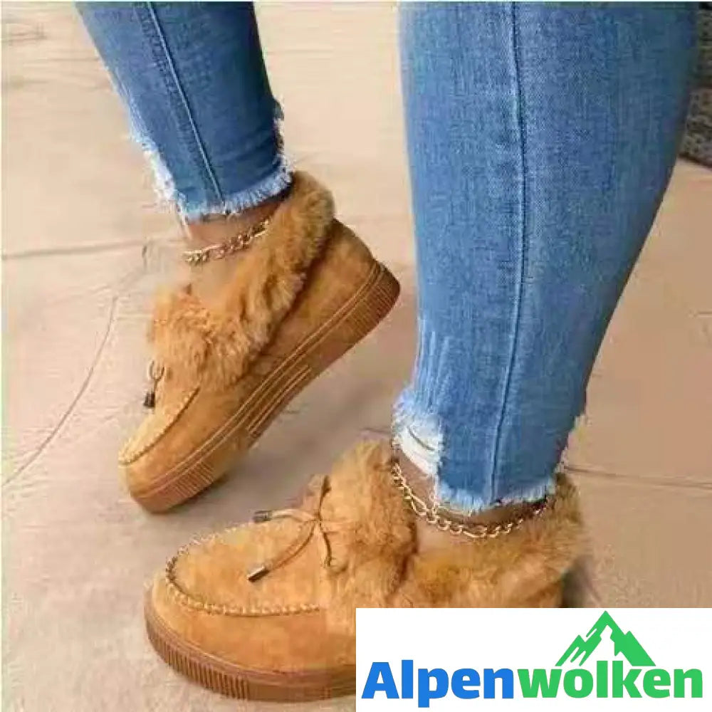 Alpenwolken - Flauschiges Fell Flach Freizeitschuhe LoafersPlush Warm Casual Schneestiefel Winterstiefel Flach Bowknot Plain khaki