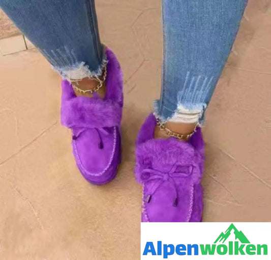 Alpenwolken - Flauschiges Fell Flach Freizeitschuhe LoafersPlush Warm Casual Schneestiefel Winterstiefel Flach Bowknot Plain Lila