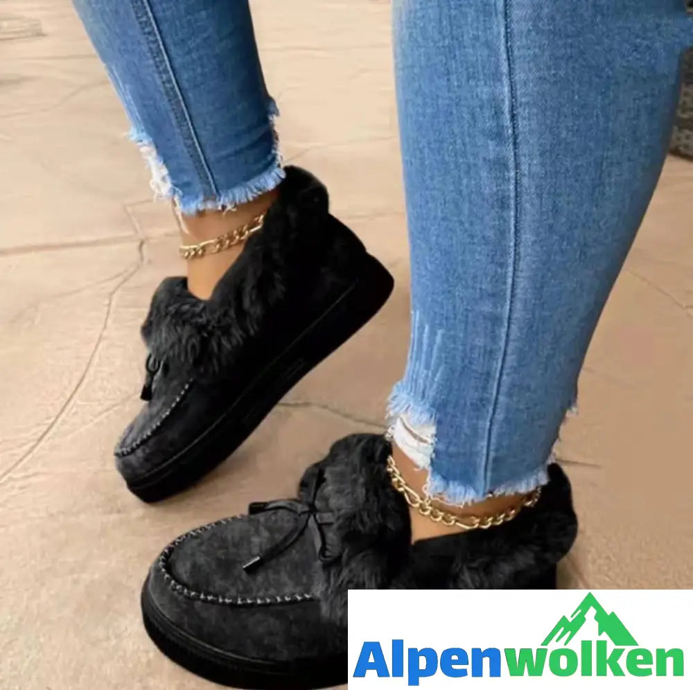 Alpenwolken - Flauschiges Fell Flach Freizeitschuhe LoafersPlush Warm Casual Schneestiefel Winterstiefel Flach Bowknot Plain Schwarz