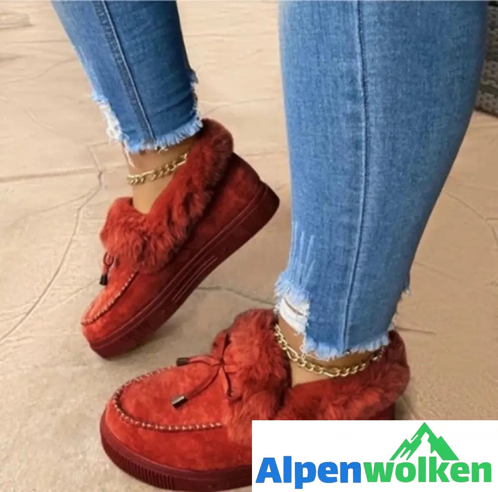 Alpenwolken - Flauschiges Fell Flach Freizeitschuhe LoafersPlush Warm Casual Schneestiefel Winterstiefel Flach Bowknot Plain Weinrot