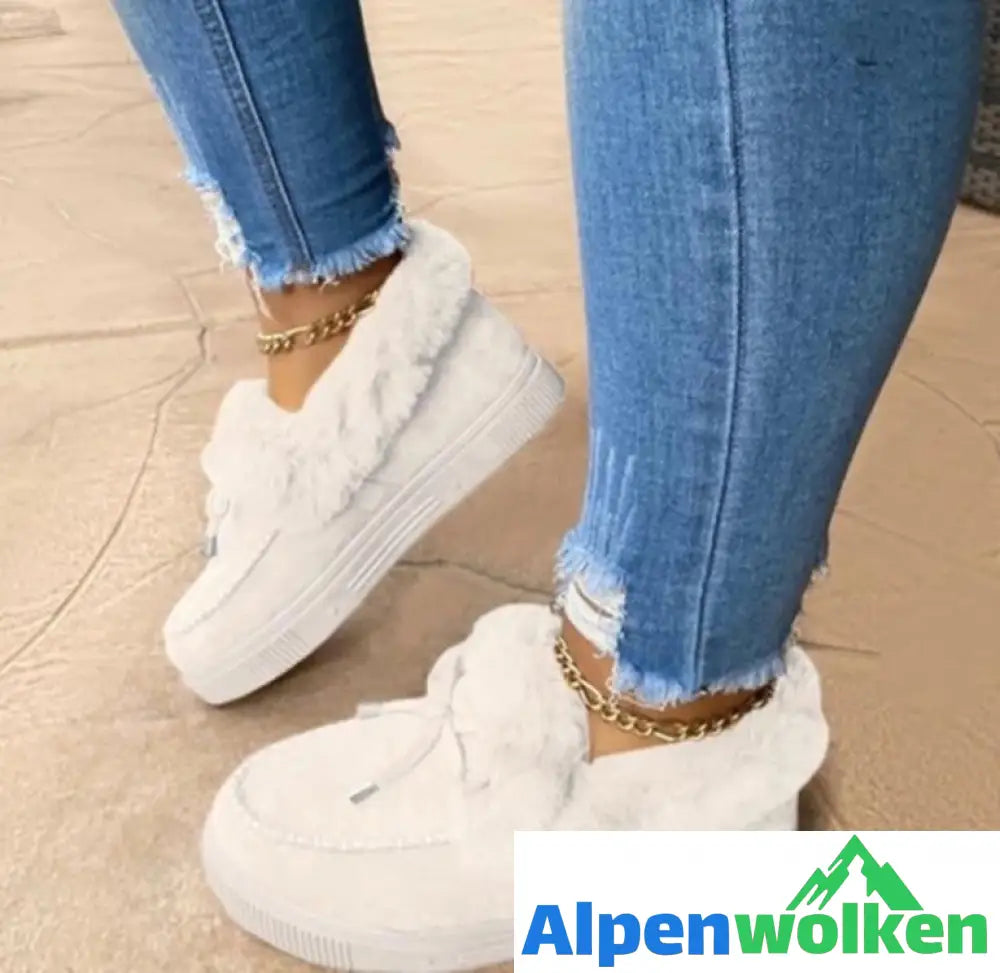 Alpenwolken - Flauschiges Fell Flach Freizeitschuhe LoafersPlush Warm Casual Schneestiefel Winterstiefel Flach Bowknot Plain Weiß