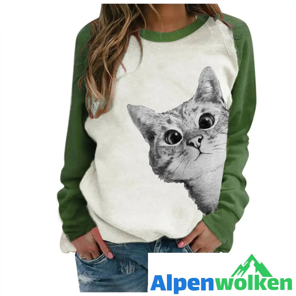 Alpenwolken - Frauen Bedrucktes Sweatshirt Erstaunte Katze