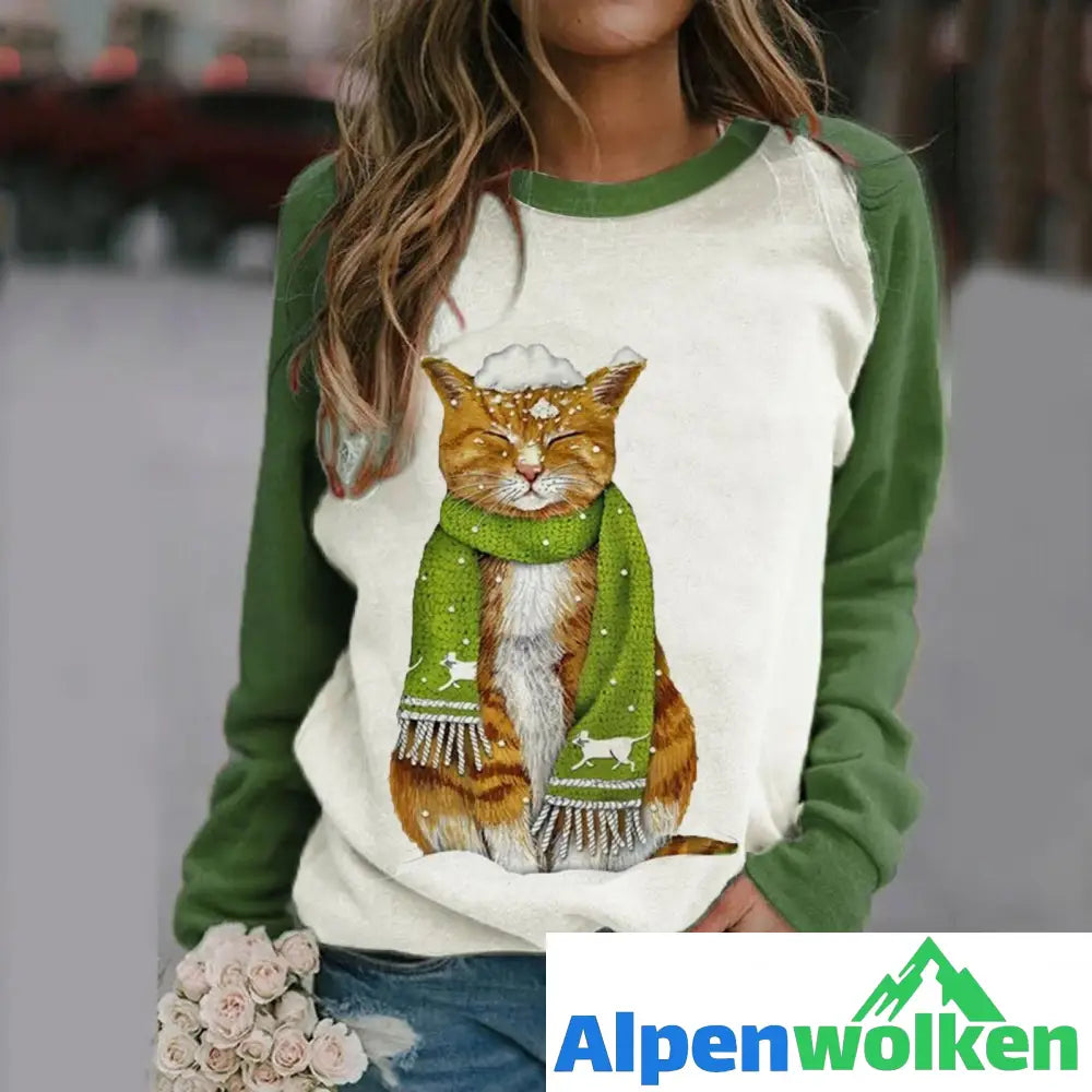 Alpenwolken - Frauen Bedrucktes Sweatshirt Katze mit Halstuch