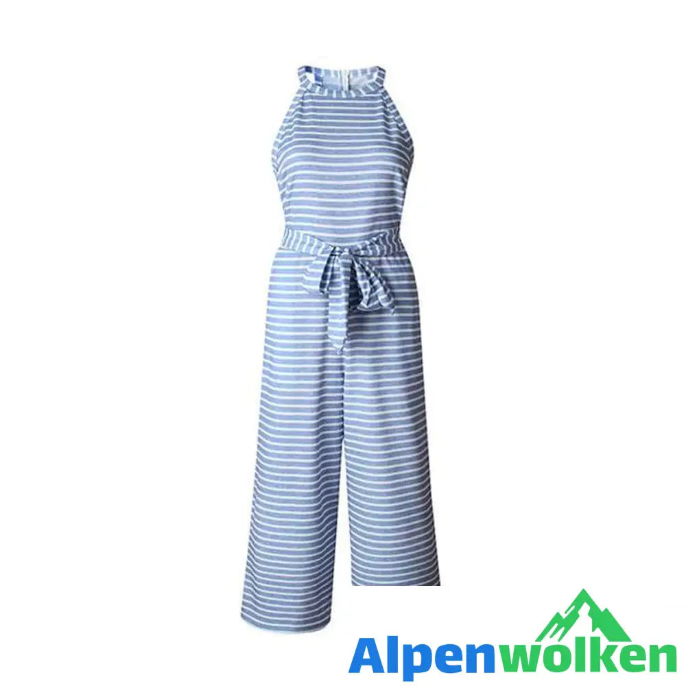 Alpenwolken - Frauen Gestreifter Schnürer Jumpsuit Blau