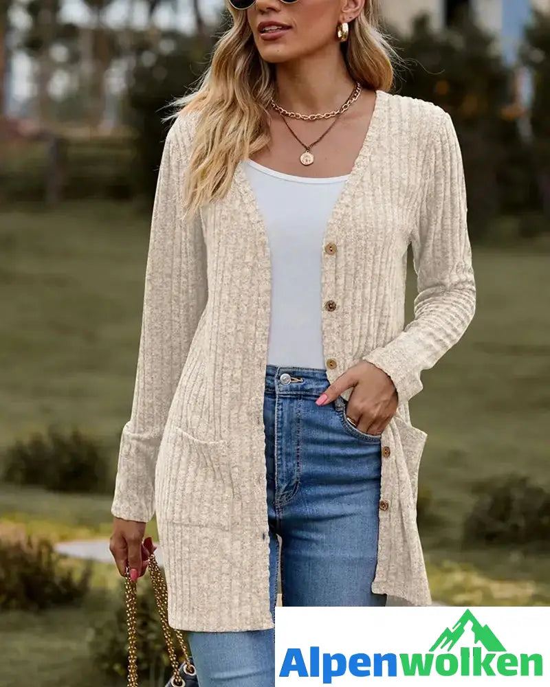 Alpenwolken - Gerippter, einfarbiger Langarm-Cardigan Beige