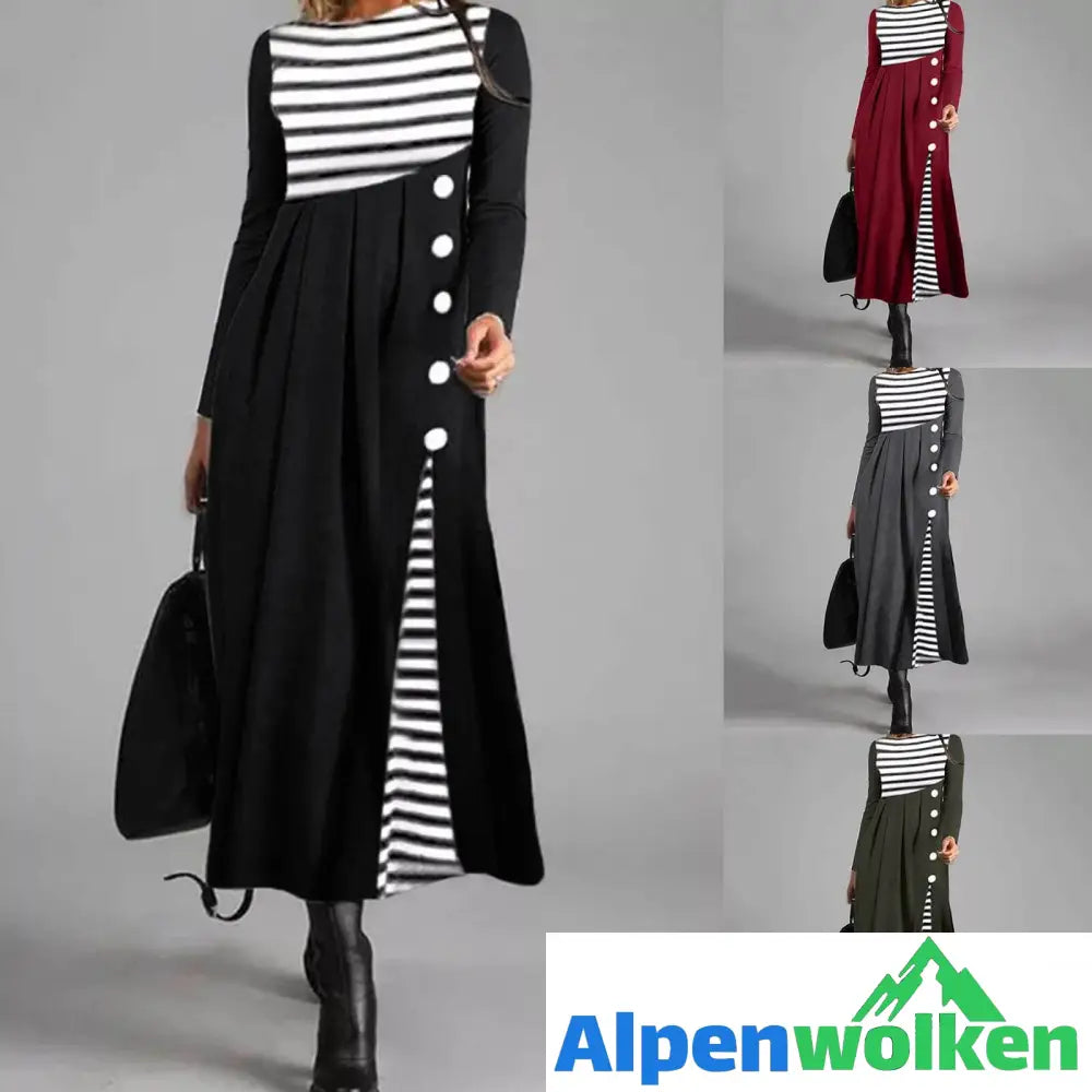 Alpenwolken - Gestreiftes Langärmeliges Patchwork-Kleid Für Damen