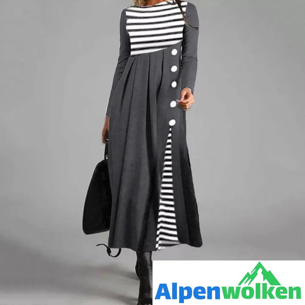 Alpenwolken - Gestreiftes Langärmeliges Patchwork-Kleid Für Damen Grau