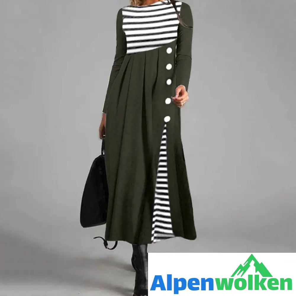 Alpenwolken - Gestreiftes Langärmeliges Patchwork-Kleid Für Damen Grün