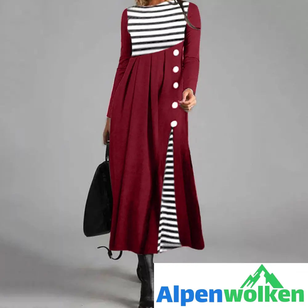 Alpenwolken - Gestreiftes Langärmeliges Patchwork-Kleid Für Damen Rot