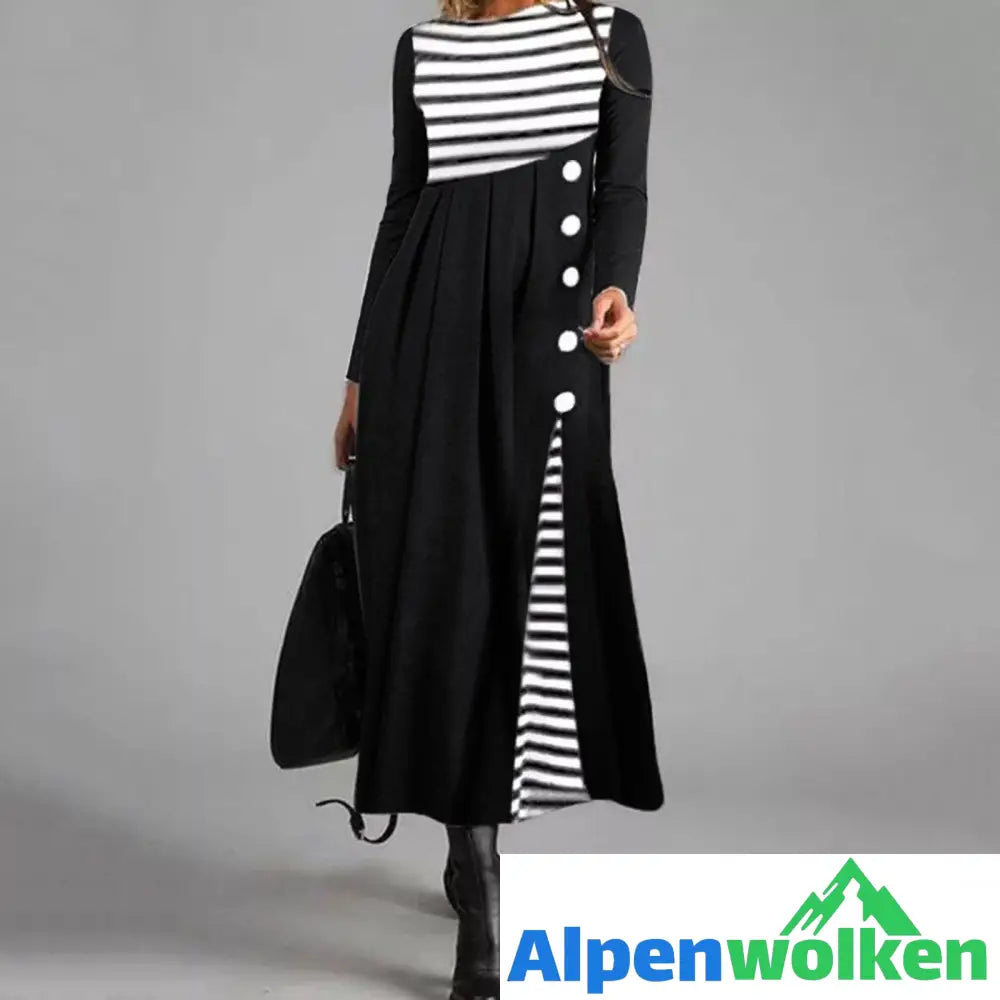 Alpenwolken - Gestreiftes Langärmeliges Patchwork-Kleid Für Damen Schwarz