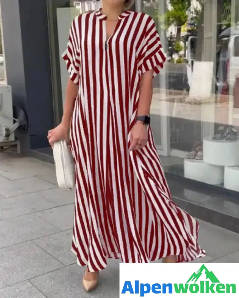 Alpenwolken - Hemdkleid mit V-Ausschnitt und Streifendruck Rot 4XL