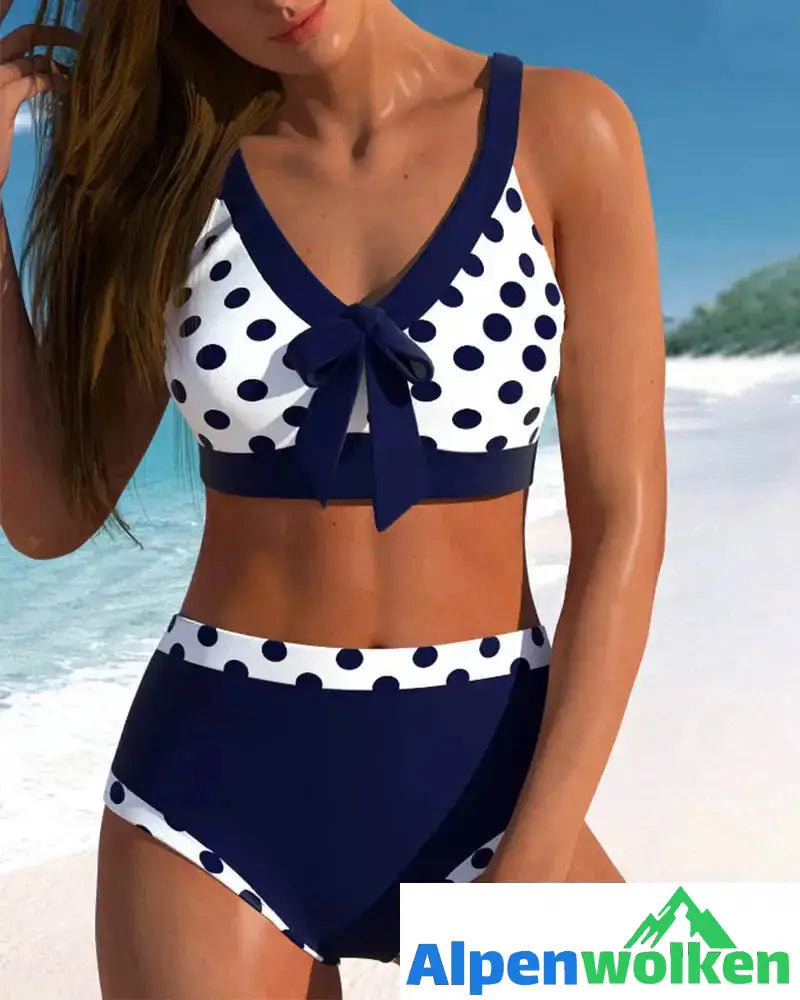 Alpenwolken - Hohe Taille Patchwork Polka Dot Bikinis Marineblau