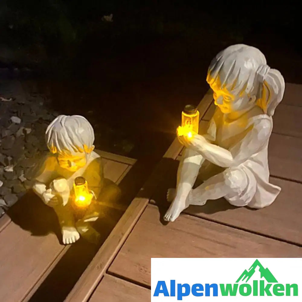 Alpenwolken - Kinder Mit Solar-Glühwürmchen Gartenstatuen