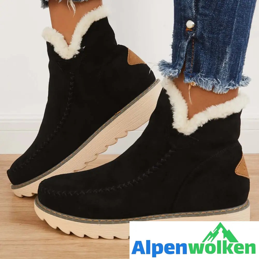 Alpenwolken - Klassische rutschfeste Schneestiefel Stiefel mit warmem Fellfutter Schwarz