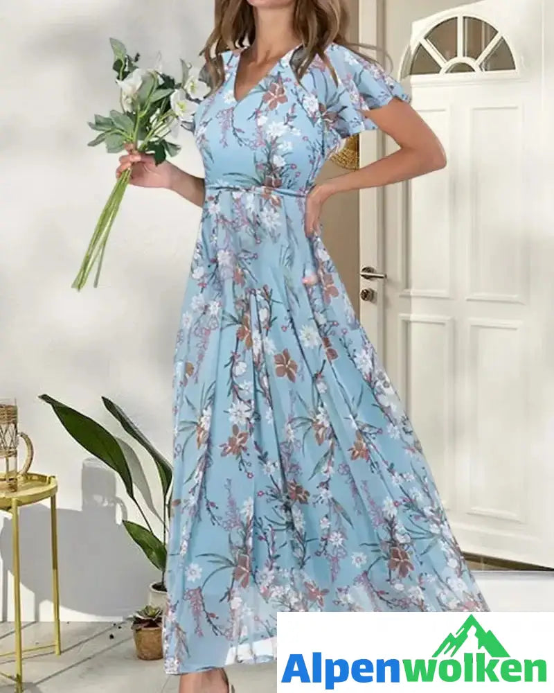 Alpenwolken - Kleid mit Blumendruck und Rüschenärmeln Blau