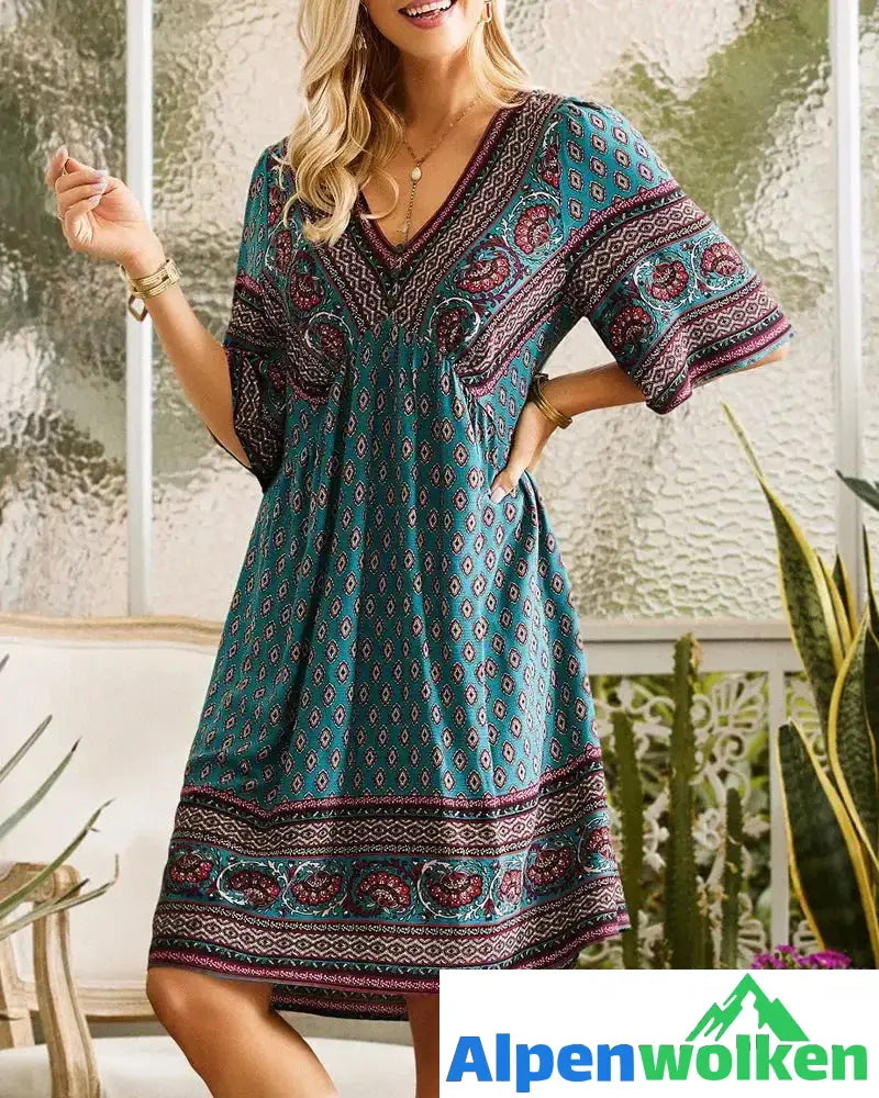 Alpenwolken - Kleid mit V-Ausschnitt und Boho-Blumendruck Dunkel grün