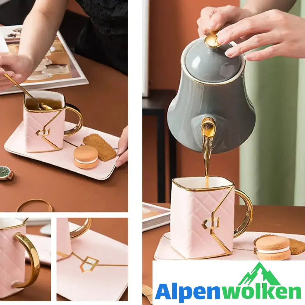 Alpenwolken - Kreative Tasse in Handtaschenform mit Untertasse und Löffel