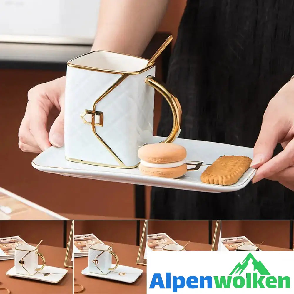 Alpenwolken - Kreative Tasse in Handtaschenform mit Untertasse und Löffel