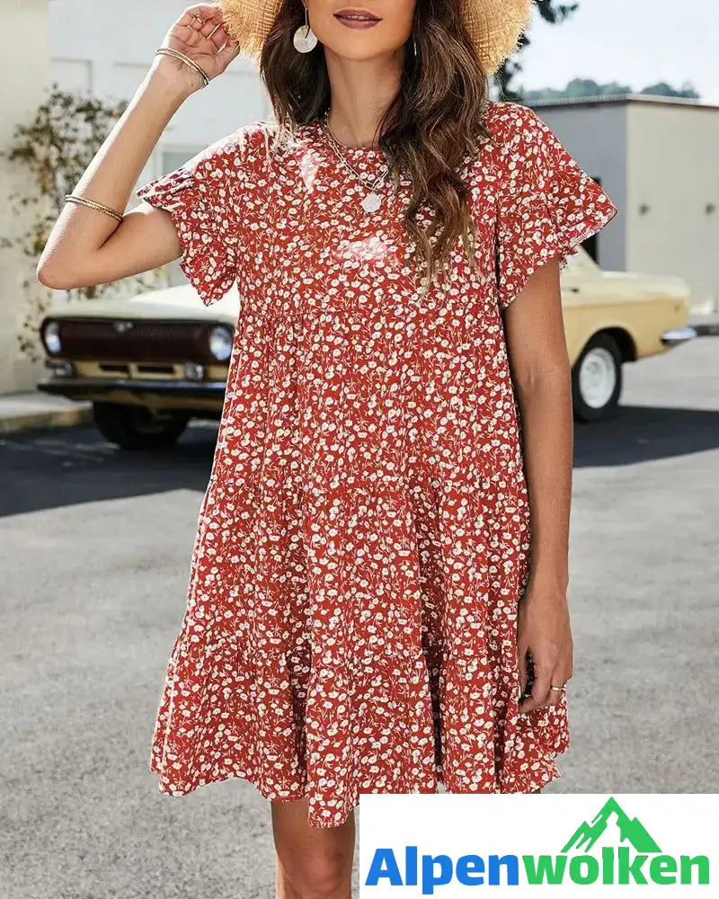 Alpenwolken - Kurzärmliges Kleid mit Blumen- und Leopardenmuster