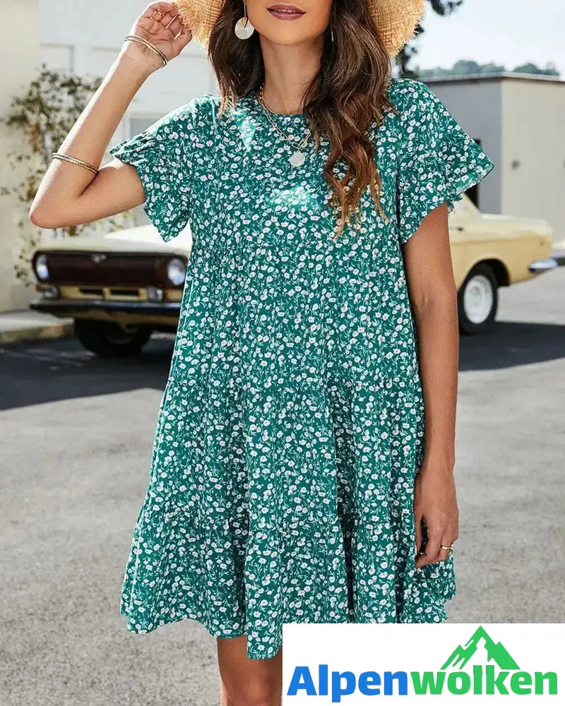 Alpenwolken - Kurzärmliges Kleid mit Blumen- und Leopardenmuster Grün