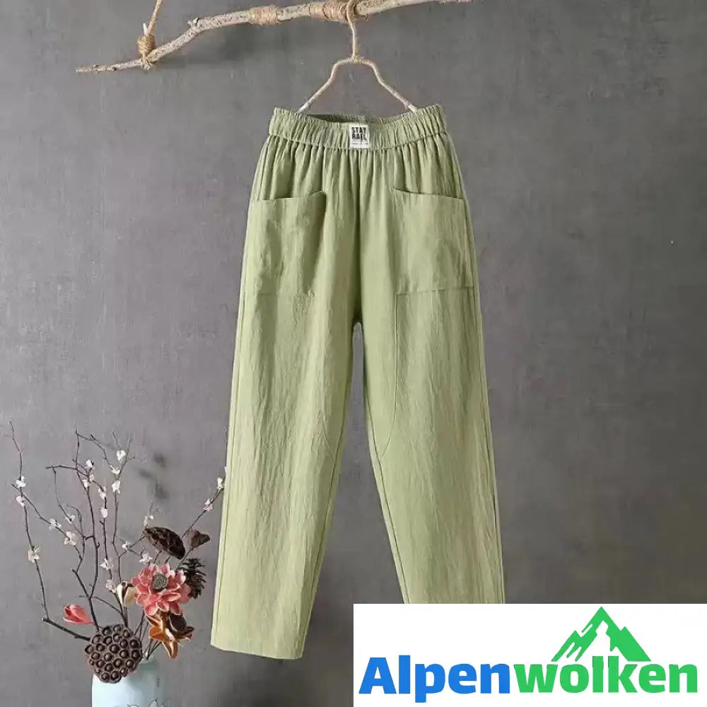 Alpenwolken - Lässige Hose aus Baumwolle und Leinen mit elastischer Taille Grün