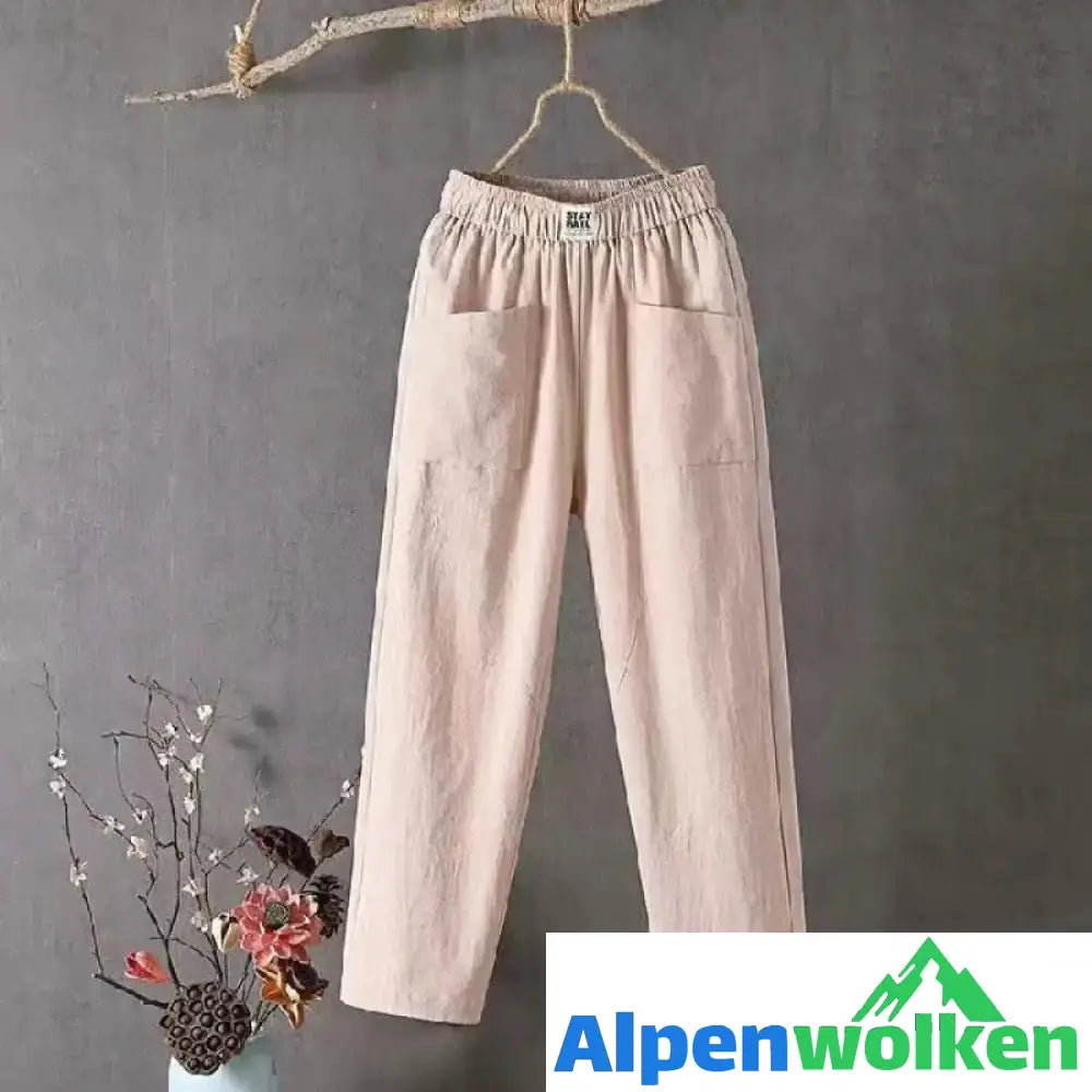 Alpenwolken - Lässige Hose aus Baumwolle und Leinen mit elastischer Taille Khaki