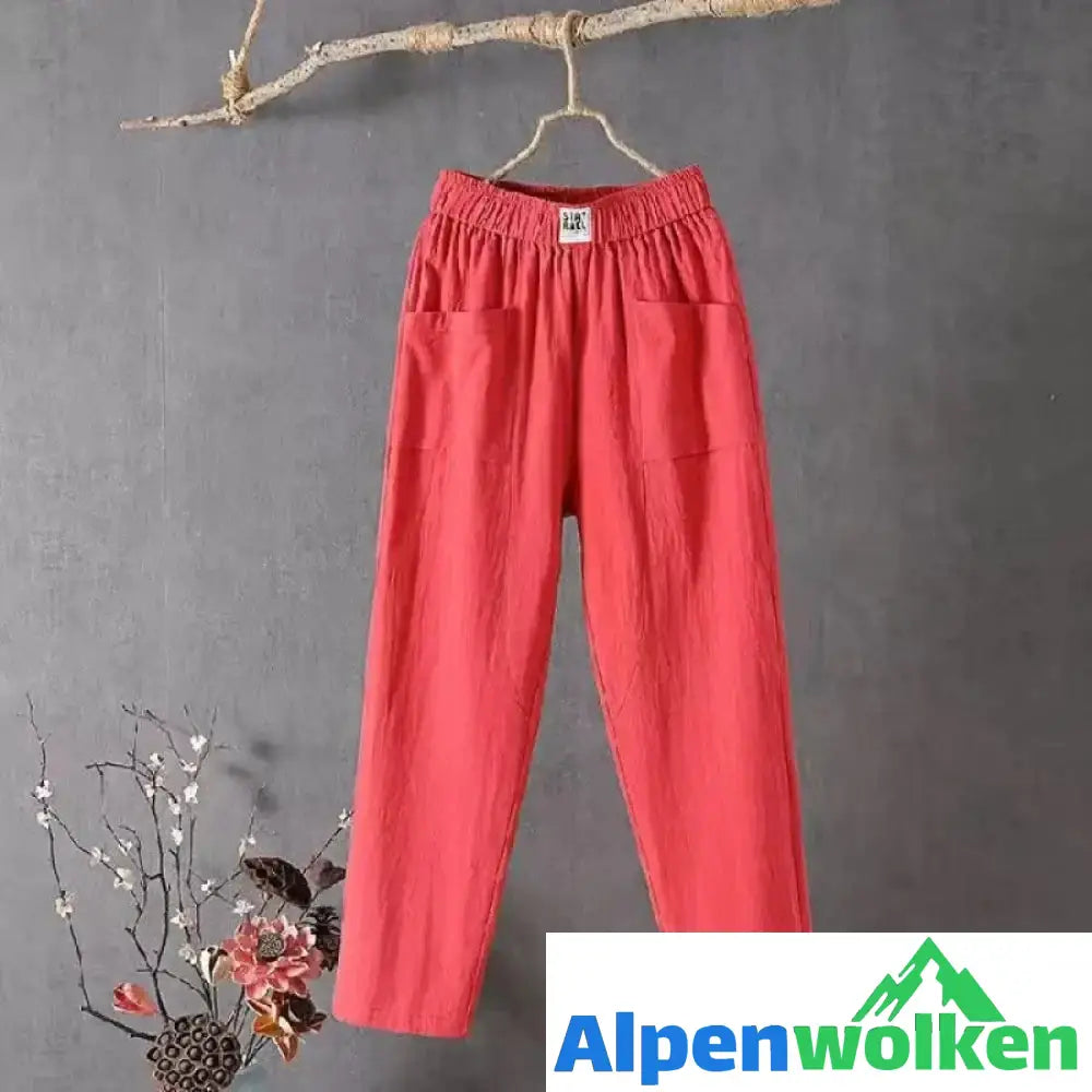 Alpenwolken - Lässige Hose aus Baumwolle und Leinen mit elastischer Taille Rot