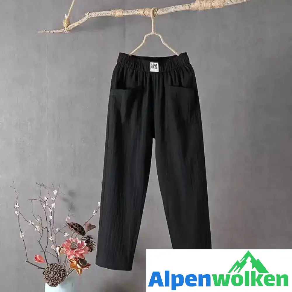 Alpenwolken - Lässige Hose aus Baumwolle und Leinen mit elastischer Taille Schwarz